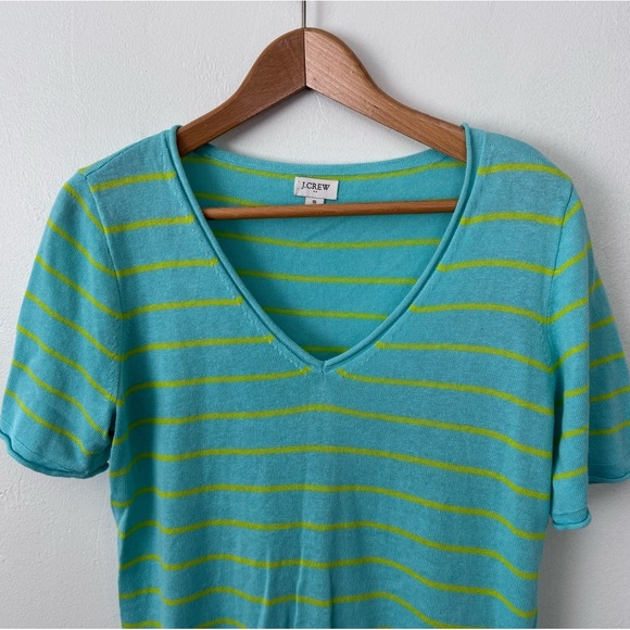 J. Crew factory linen blend teal with green stripe v neck sweater top Size Small - Picture 2 of 7